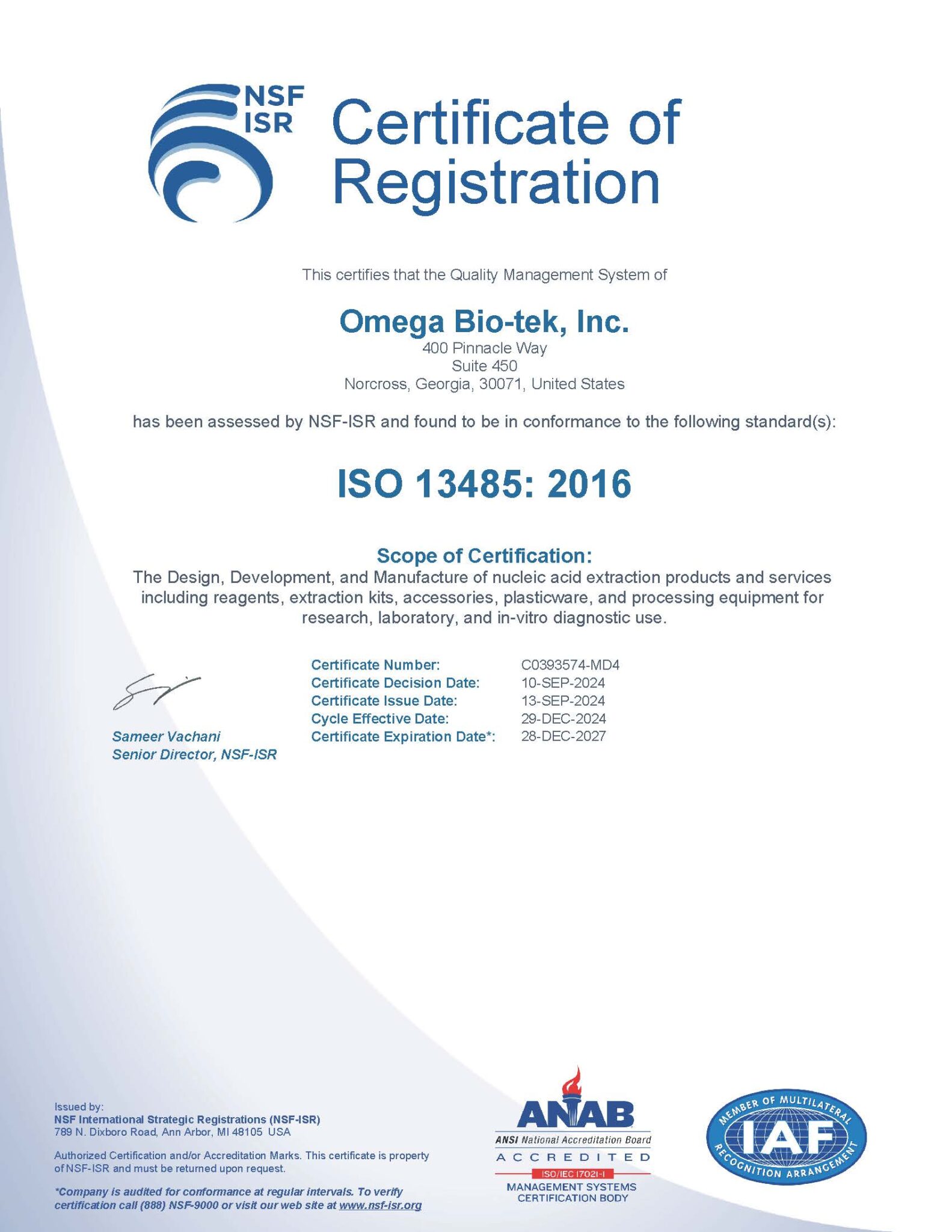 ISO 13485:2016 Certificate of Registration – Omega Bio-tek